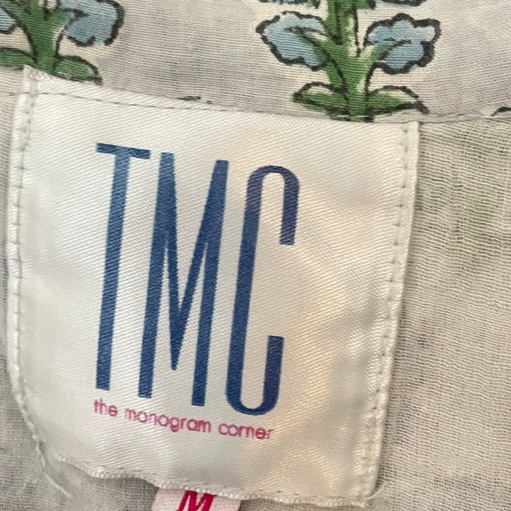 TMC Monogram Corner Block Print Dress Blue Floral Boho Cotton Size M - Picture 6 of 9
